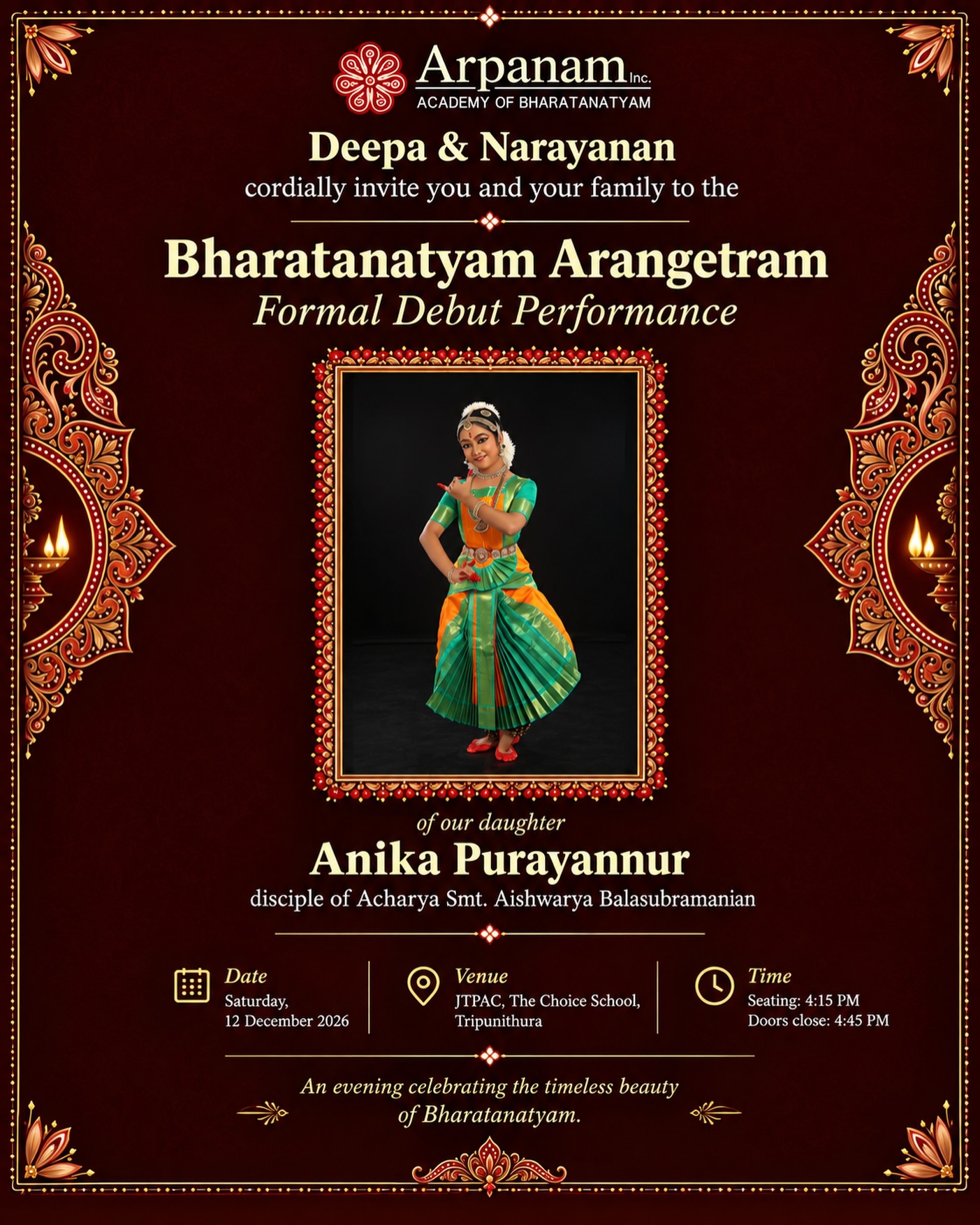 Bharatanatyam Arangetram by Anika Purayannur | JTPAC, The Choice School, Tripunithura