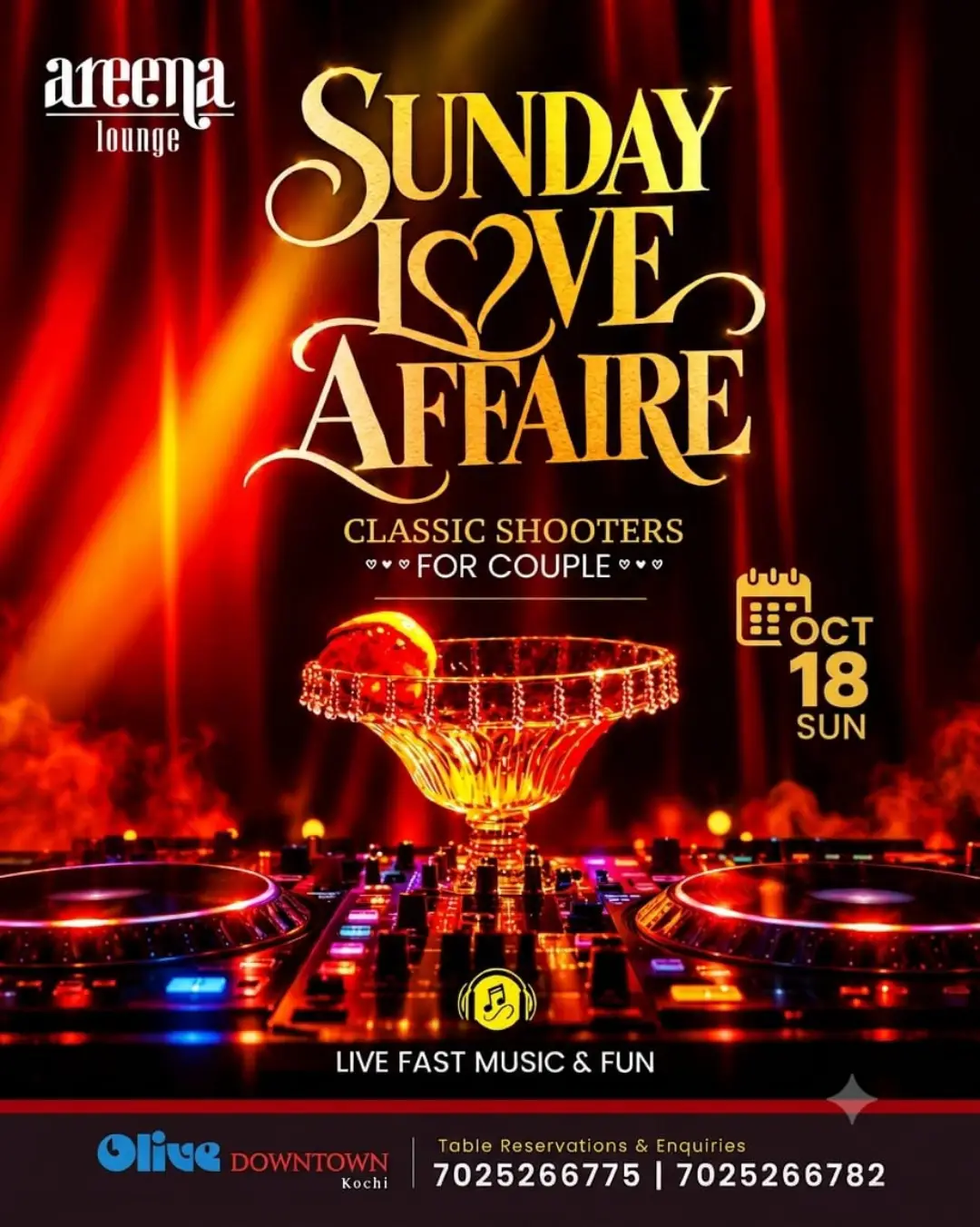 Sunday Love Affair β Classic Shooters for Couples | Areena Lounge, Olive Downtown, Kochi