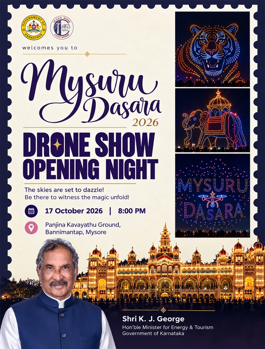 Mysuru Dasara 2026 Drone Show Opening Night | Panjina Kavayathu Ground, Bannimantap, Mysuru
