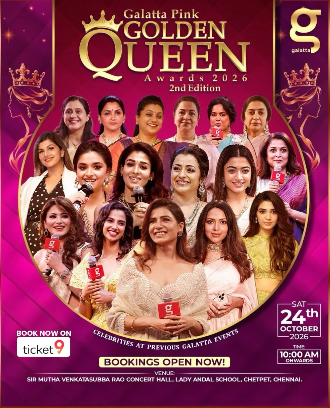 Galatta Pink Golden Queen Awards 2026 – 2nd Edition | Sir Mutha Venkatasubba Rao Concert Hall, Chetpet, Chennai