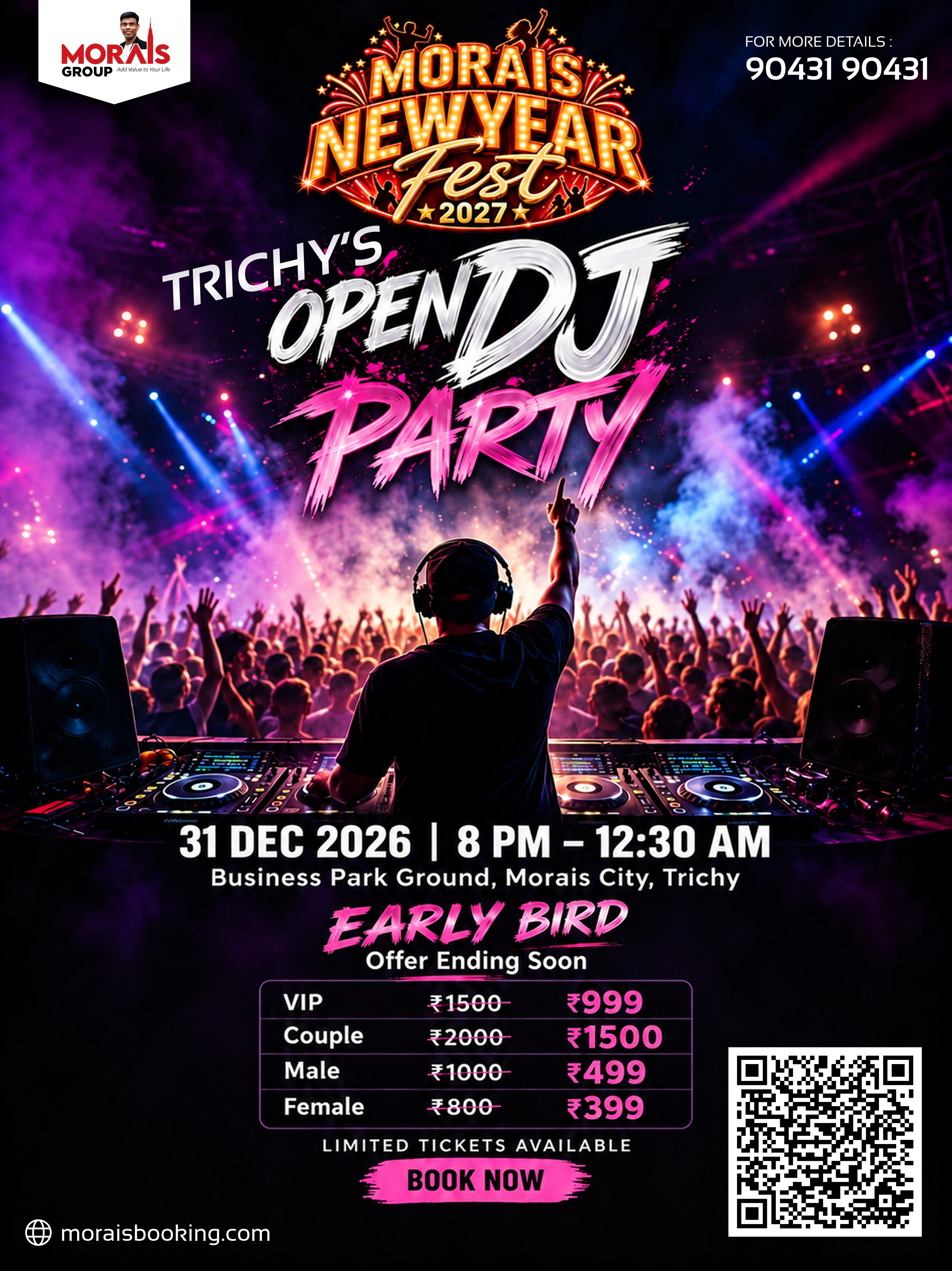 Morais New Year Fest 2027 – Trichy's Open DJ Party | Business Park Ground, Morais City, Trichy